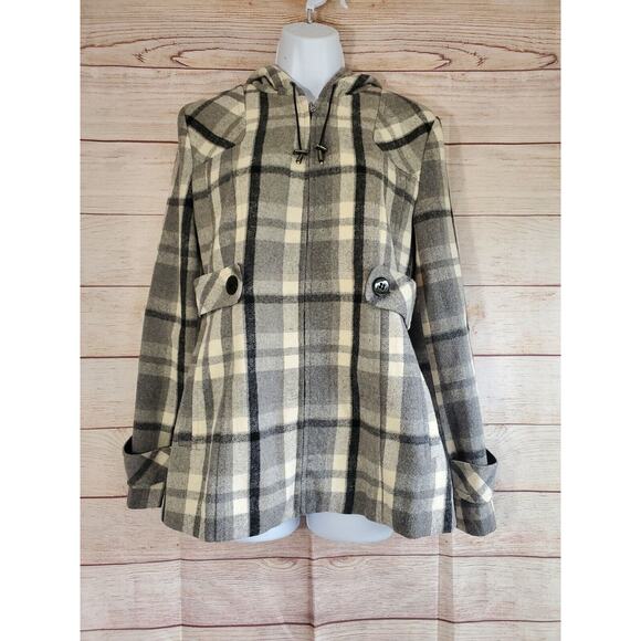 Covington Wool Blend Plaid Hooded Zip Up Coat Jacket Peacoat Gray White SM - Picture 1 of 7